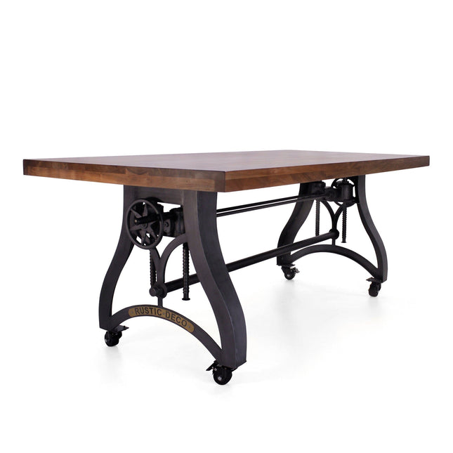 Crescent Industrial Dining Table - Adjustable Height - Casters - Provincial Top - Rustic Deco