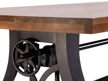 Crescent Industrial Dining Table - Adjustable Height - Casters - Provincial Top - Rustic Deco