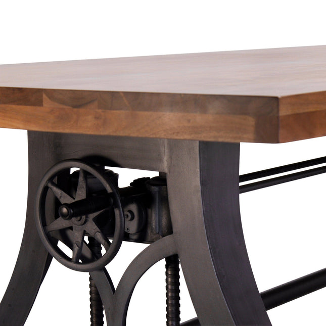 Crescent Industrial Dining Table - Adjustable Height - Casters - Provincial Top - Rustic Deco