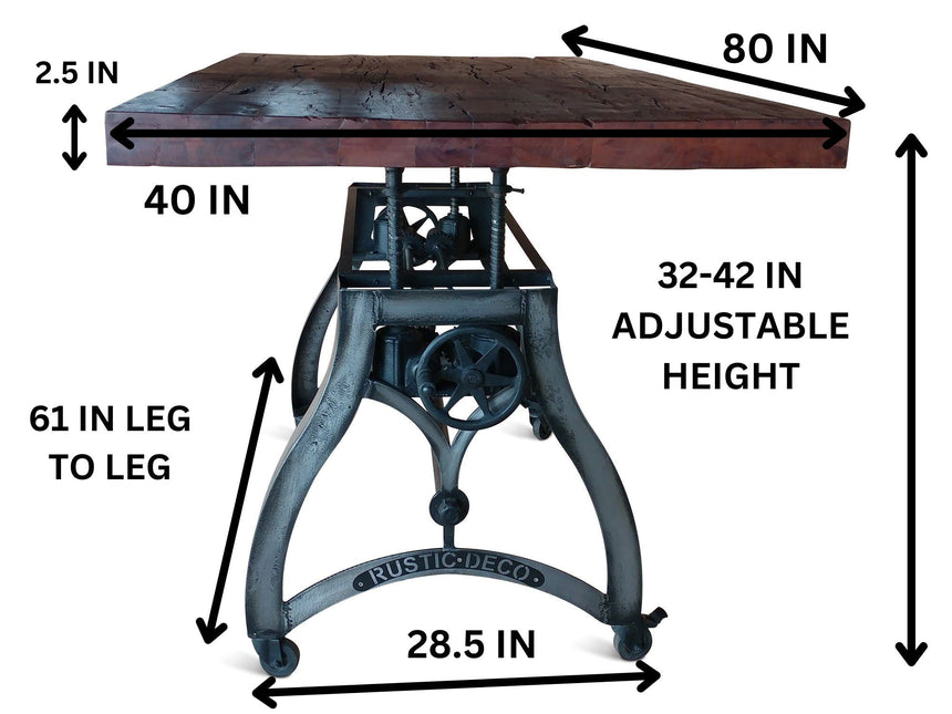 Crescent Industrial Dining Table - Adjustable Height - Casters - Rustic Mahogany - Rustic Deco