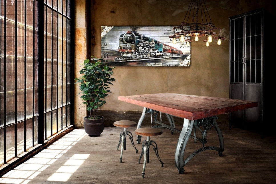 Crescent Industrial Dining Table - Adjustable Height - Casters - Rustic Mahogany - Rustic Deco