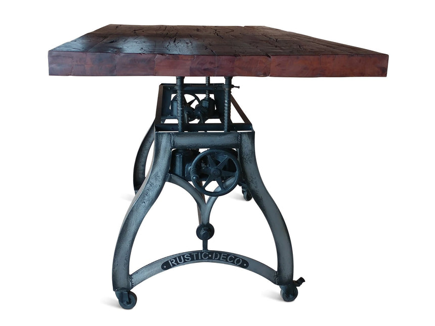 Crescent Industrial Dining Table - Adjustable Height - Casters - Rustic Mahogany - Rustic Deco