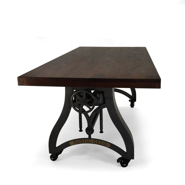 Crescent Industrial Dining Table - Adjustable Height - Casters - Walnut - Rustic Deco