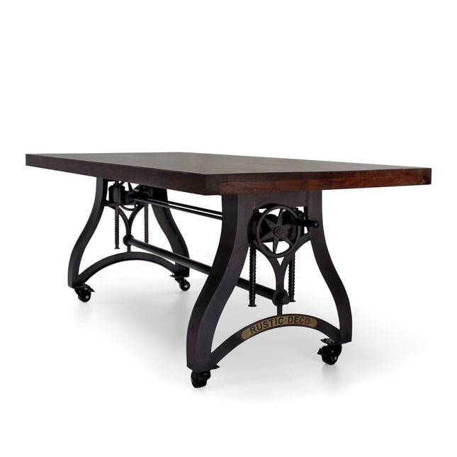 Crescent Industrial Dining Table - Adjustable Height - Casters - Walnut - Rustic Deco