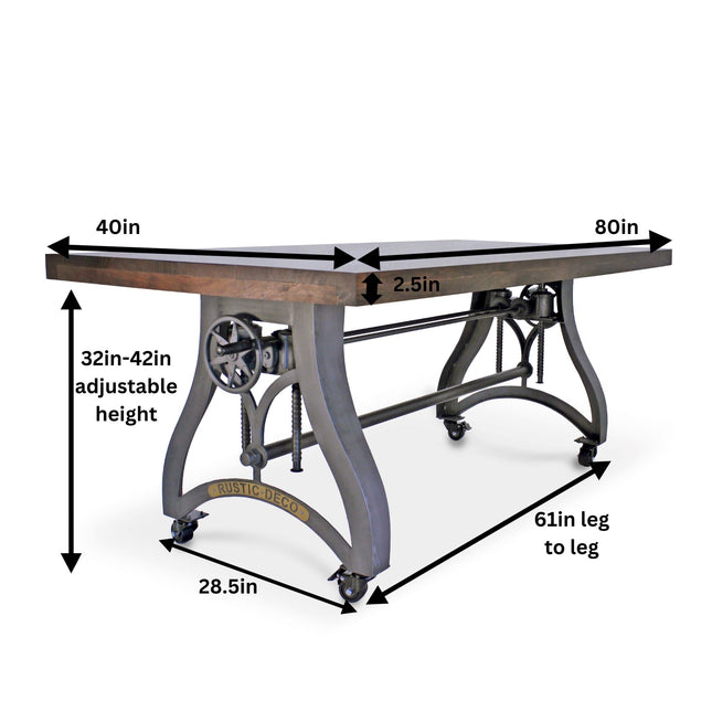 Crescent Industrial Dining Table - Adjustable Height - Casters - Walnut - Rustic Deco