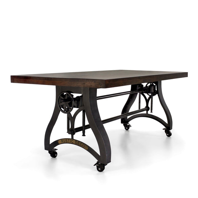 Crescent Industrial Dining Table - Adjustable Height - Casters - Walnut - Rustic Deco