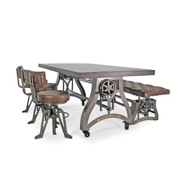 Crescent Industrial Dining Table Set - Bench and 3 Chairs - Leather Cushions - Rustic Deco