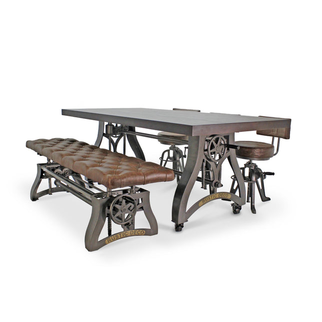 Crescent Industrial Dining Table Set - Bench and 3 Chairs - Leather Cushions - Rustic Deco