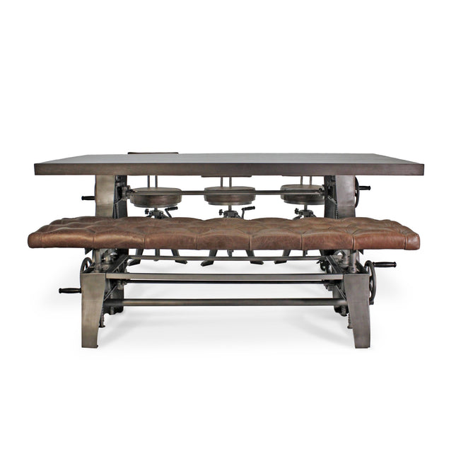 Crescent Industrial Dining Table Set - Bench and 3 Chairs - Leather Cushions - Rustic Deco