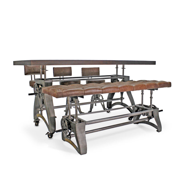 Crescent Industrial Dining Table Set - Bench and 3 Chairs - Leather Cushions - Rustic Deco