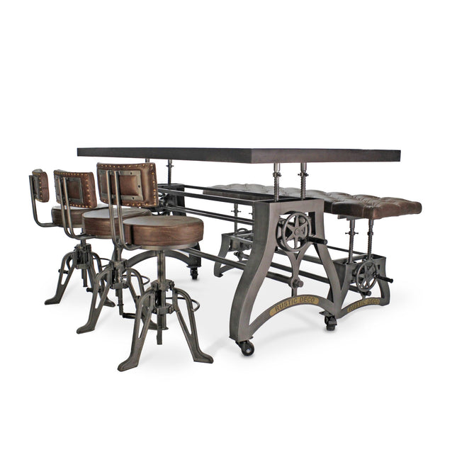 Crescent Industrial Dining Table Set - Bench and 3 Chairs - Leather Cushions - Rustic Deco