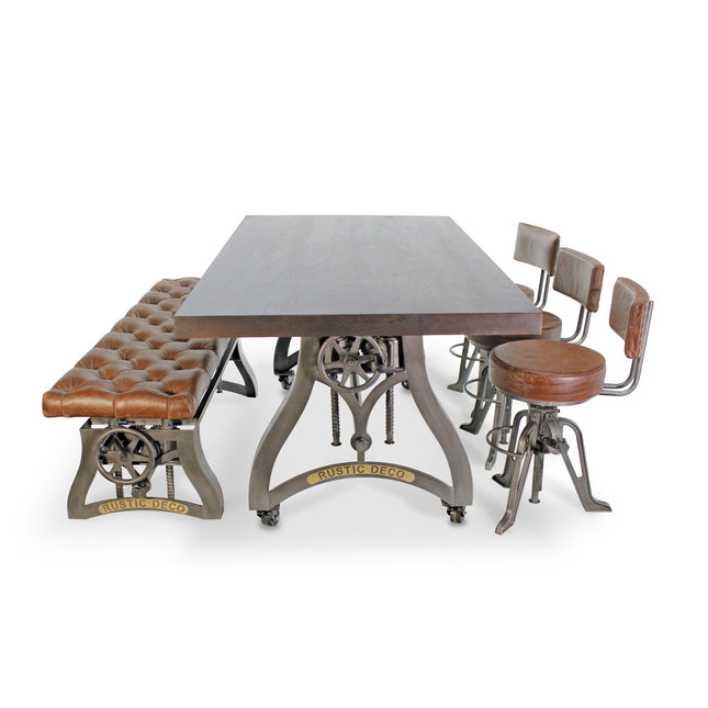 Crescent Industrial Dining Table Set - Bench and 3 Chairs - Leather Cushions - Rustic Deco