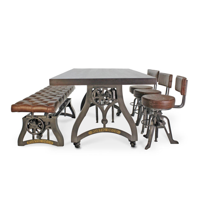 Crescent Industrial Dining Table Set - Bench and 3 Chairs - Leather Cushions - Rustic Deco