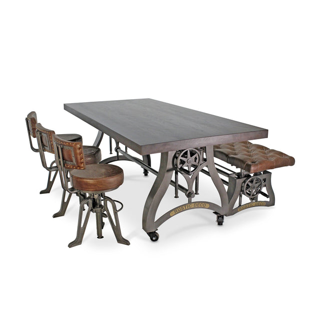 Crescent Industrial Dining Table Set - Bench and 3 Chairs - Leather Cushions - Rustic Deco