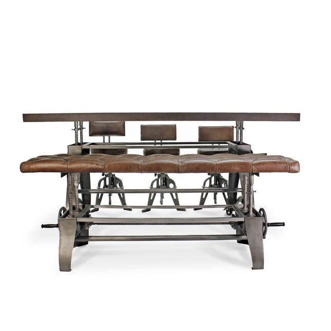Crescent Industrial Dining Table Set - Bench and 3 Chairs - Leather Cushions - Rustic Deco