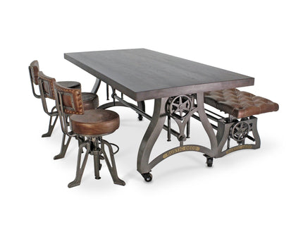 Crescent Industrial Dining Table Set - Bench and 3 Chairs - Leather Cushions - Rustic Deco