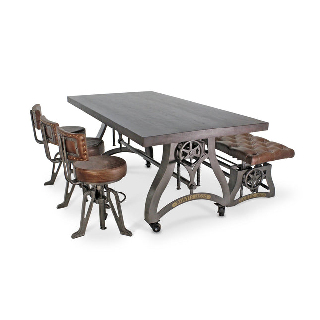 Crescent Industrial Dining Table Set - Bench and 3 Chairs - Leather Cushions - Rustic Deco