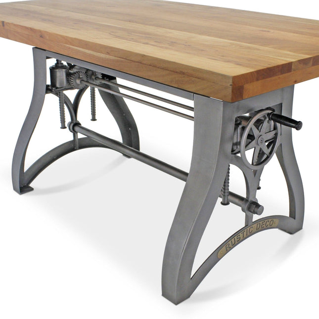 Crescent Writing Table Desk - Adjustable Height Metal Base - Natural Top - Rustic Deco