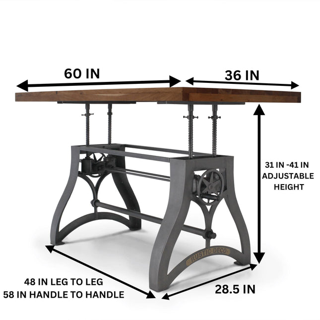 Crescent Writing Table Desk - Adjustable Height Metal Base - Natural Top - Rustic Deco