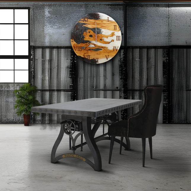 Crescent Writing Table Desk - Adjustable Height Metal Base - Steel Top - Rustic Deco