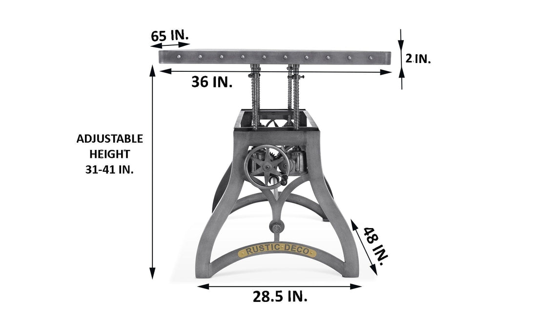 Crescent Writing Table Desk - Adjustable Height Metal Base - Steel Top - Rustic Deco