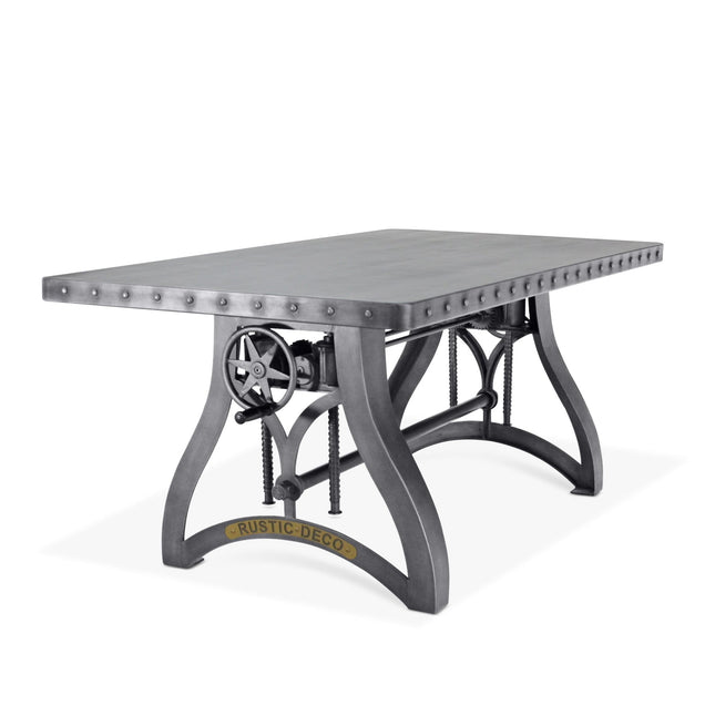 Crescent Writing Table Desk - Adjustable Height Metal Base - Steel Top - Rustic Deco