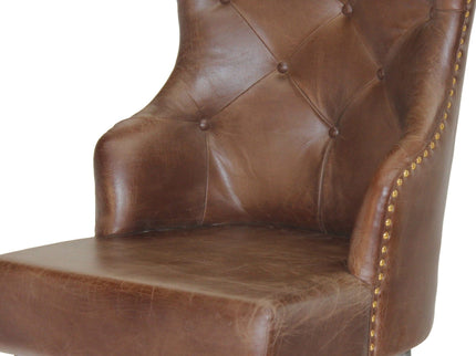 Farmhouse Luxury Dining Chair - Tufted Brown Leather - Metal Legs - Pair - Rustic Deco