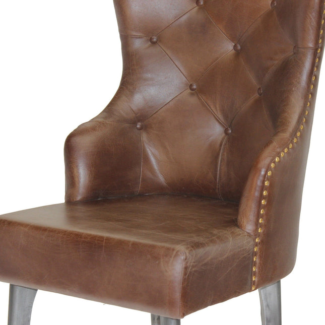 Farmhouse Luxury Dining Chair - Tufted Brown Leather - Metal Legs - Pair - Rustic Deco