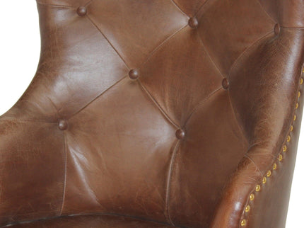 Farmhouse Luxury Dining Chair - Tufted Brown Leather - Metal Legs - Pair - Rustic Deco