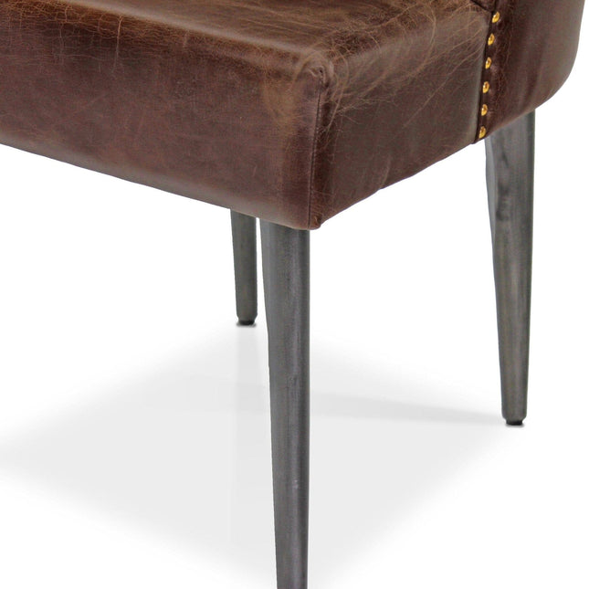 Farmhouse Luxury Dining Chair - Tufted Brown Leather - Metal Legs - Pair - Rustic Deco