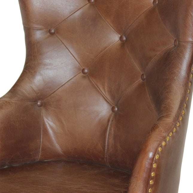 Farmhouse Luxury Dining Chair - Tufted Brown Leather - Metal Legs - Pair - Rustic Deco