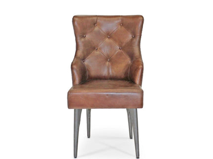 Farmhouse Luxury Dining Chair - Tufted Brown Leather - Metal Legs - Pair - Rustic Deco