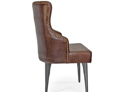 Farmhouse Luxury Dining Chair - Tufted Brown Leather - Metal Legs - Pair - Rustic Deco