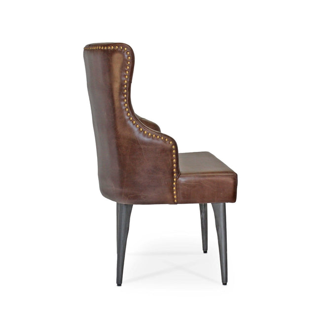 Farmhouse Luxury Dining Chair - Tufted Brown Leather - Metal Legs - Pair - Rustic Deco