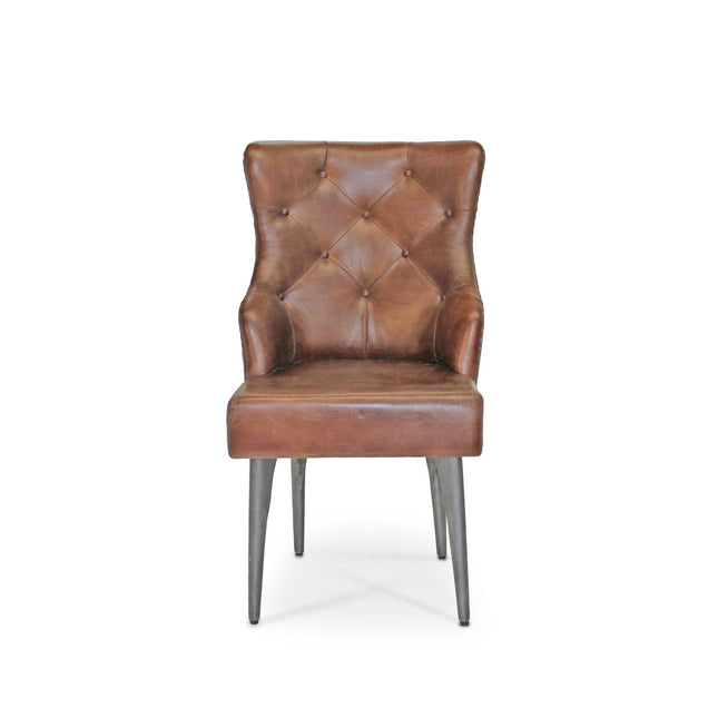 Farmhouse Luxury Dining Chair - Tufted Brown Leather - Metal Legs - Pair - Rustic Deco