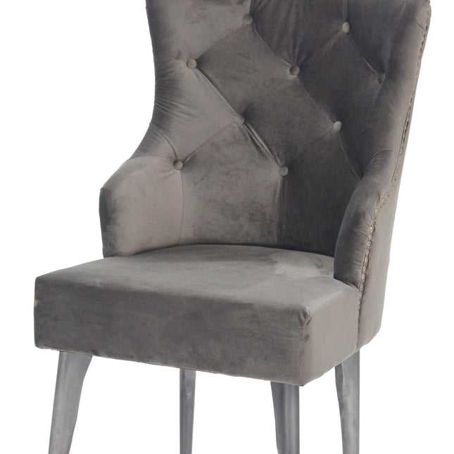 Farmhouse Luxury Dining Chair - Tufted Gray Velvet - Metal Legs - Pair - Rustic Deco