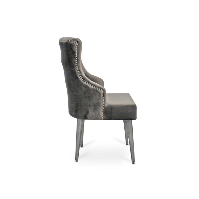 Farmhouse Luxury Dining Chair - Tufted Gray Velvet - Metal Legs - Pair - Rustic Deco