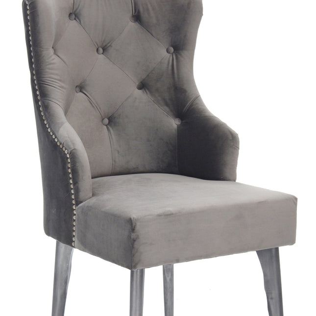 Farmhouse Luxury Dining Chair - Tufted Gray Velvet - Metal Legs - Pair - Rustic Deco