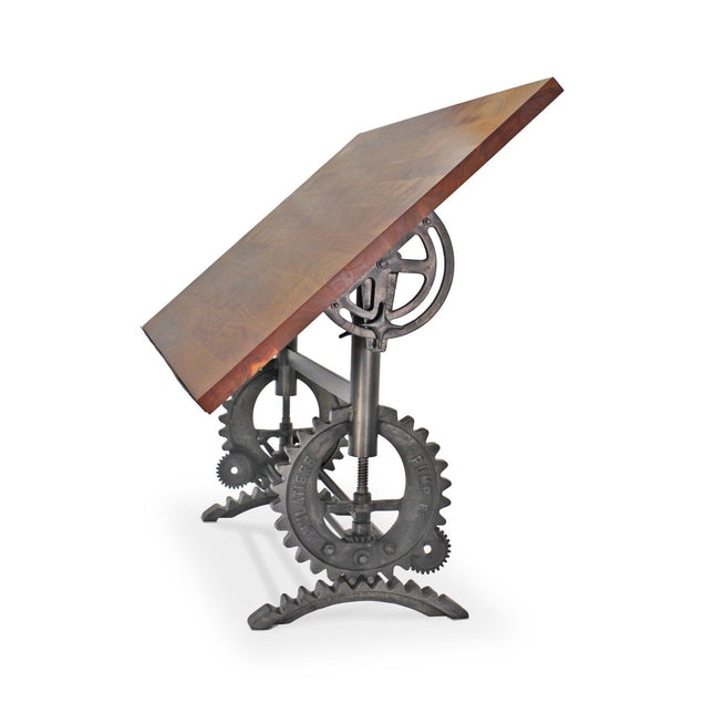 French Industrial Writing Table Drafting Desk - Sit Stand Adjustable - Tilt Top - Rustic Deco
