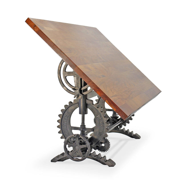 French Industrial Writing Table Drafting Desk - Sit Stand Adjustable - Tilt Top - Rustic Deco