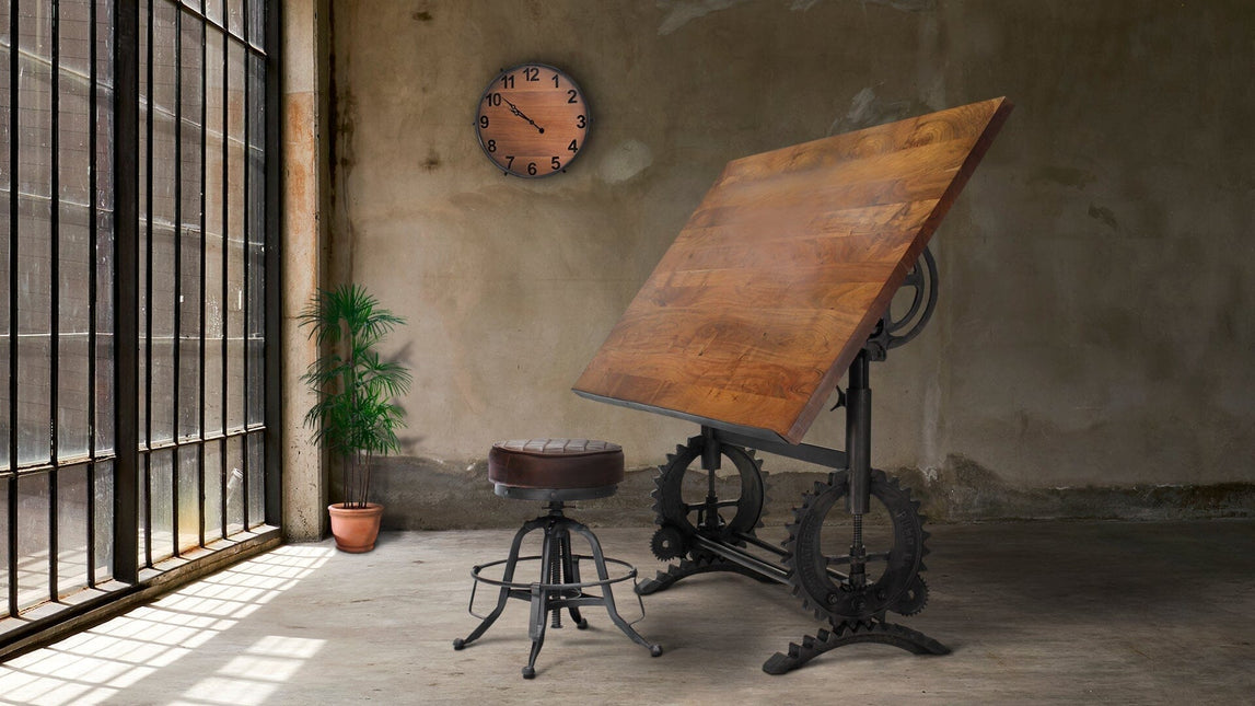 French Industrial Writing Table Drafting Desk - Sit Stand Adjustable - Tilt Top - Rustic Deco