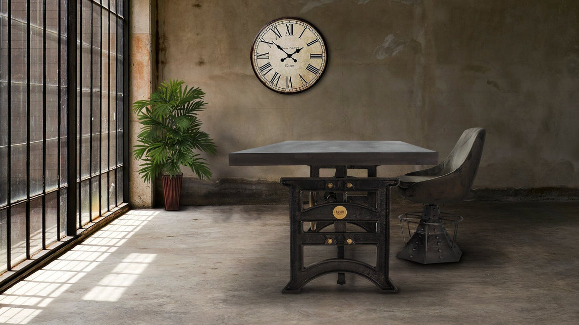 Harvester Industrial Executive Desk - Cast Iron Adjustable Base – Gray Top - Rustic Deco