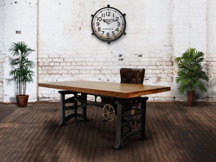 Harvester Industrial Executive Desk - Cast Iron Adjustable Base – Natural Top - Rustic Deco