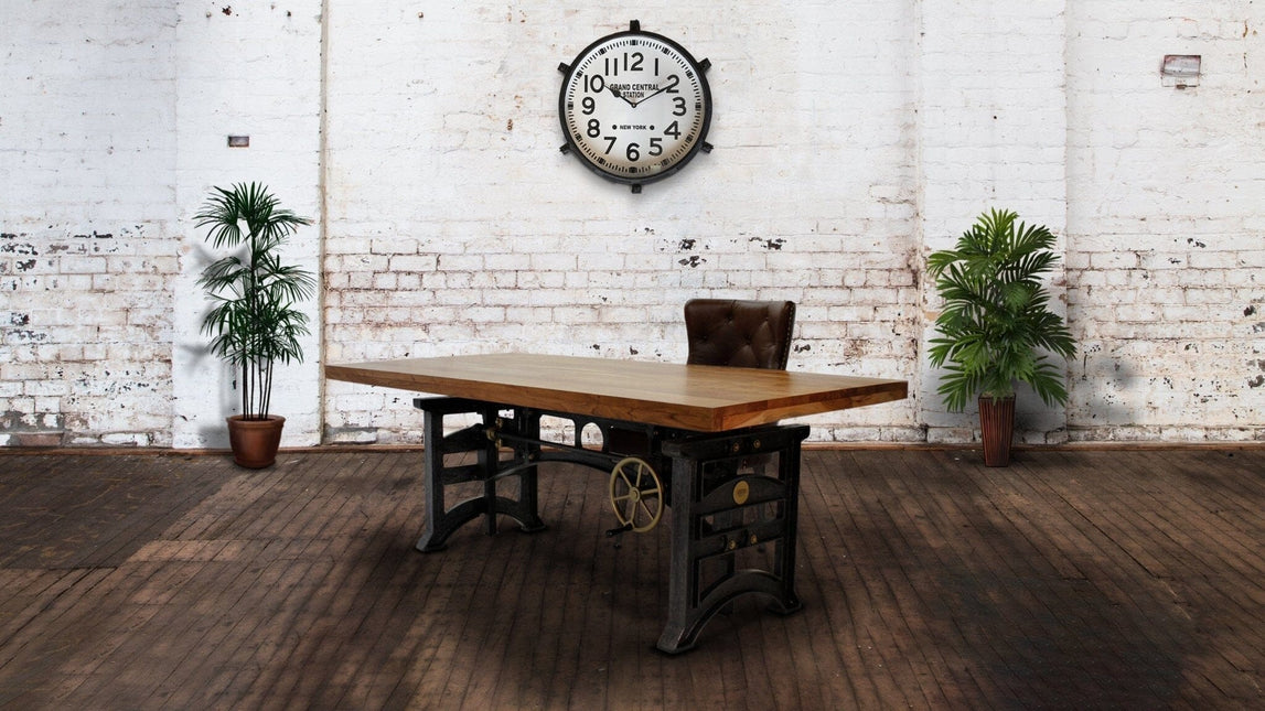 Harvester Industrial Executive Desk - Cast Iron Adjustable Base – Natural Top - Rustic Deco