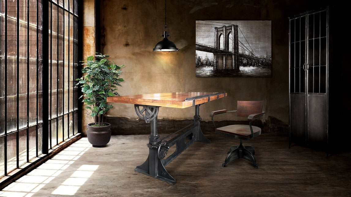 Industrial Adjustable Crank Drafting Desk - Tilt Top - Cast Iron Base 70" - Rustic Deco