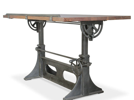 Industrial Adjustable Height Drafting Desk - Tilting Top - Cast Iron Base - Rustic Deco