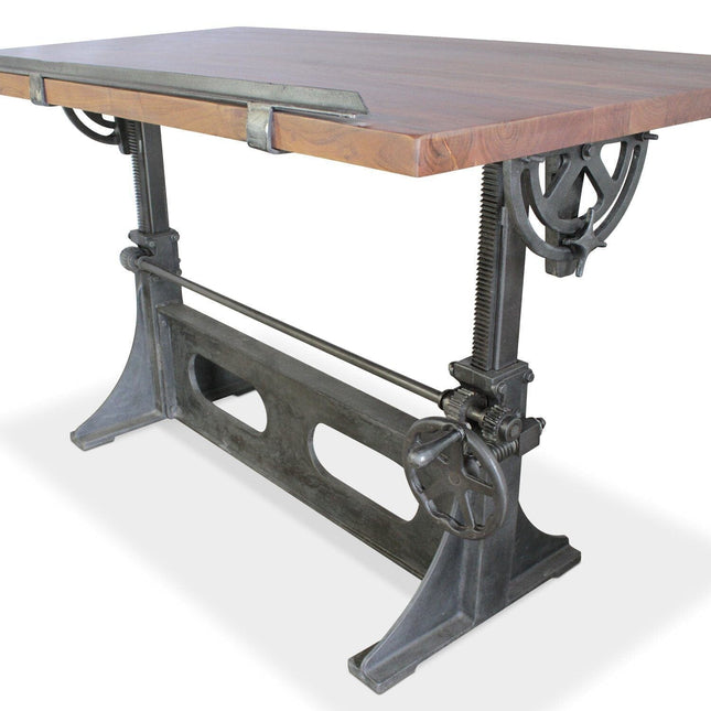 Industrial Adjustable Height Drafting Desk - Tilting Top - Cast Iron Base - Rustic Deco