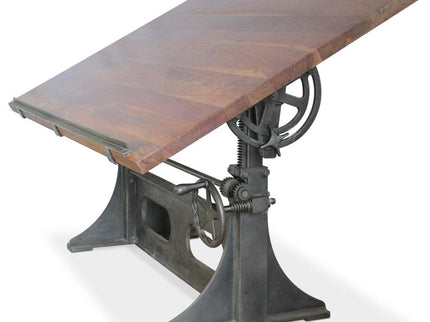 Industrial Adjustable Height Drafting Desk - Tilting Top - Cast Iron Base - Rustic Deco