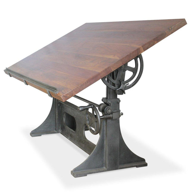 Industrial Adjustable Height Drafting Desk - Tilting Top - Cast Iron Base - Rustic Deco