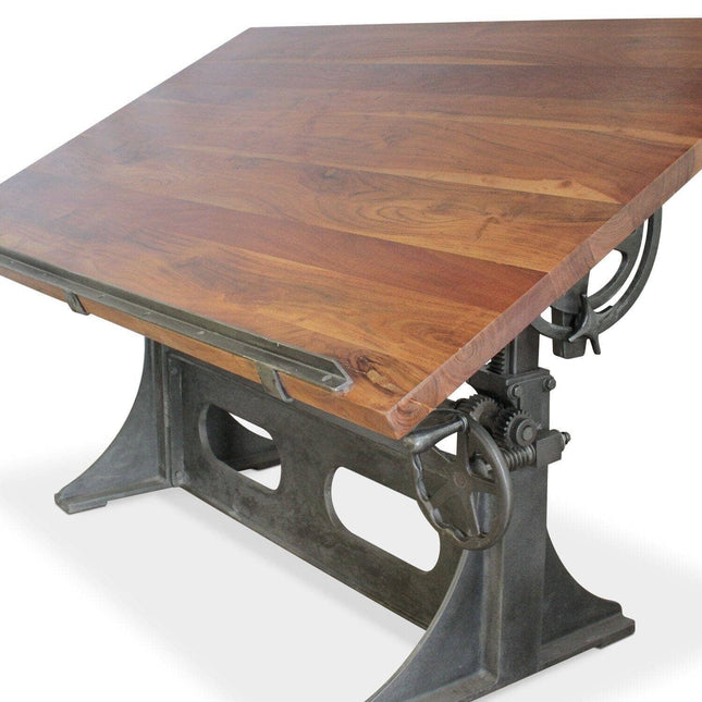 Industrial Adjustable Height Drafting Desk - Tilting Top - Cast Iron Base - Rustic Deco